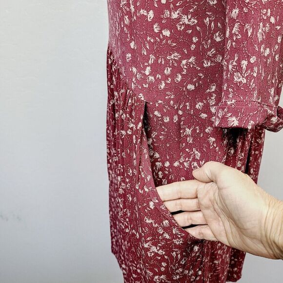 Garnet Hill Dress 18 Maroon Red Floral A-Line V-Neck 3/4 Sleeve Pockets - Picture 6 of 12